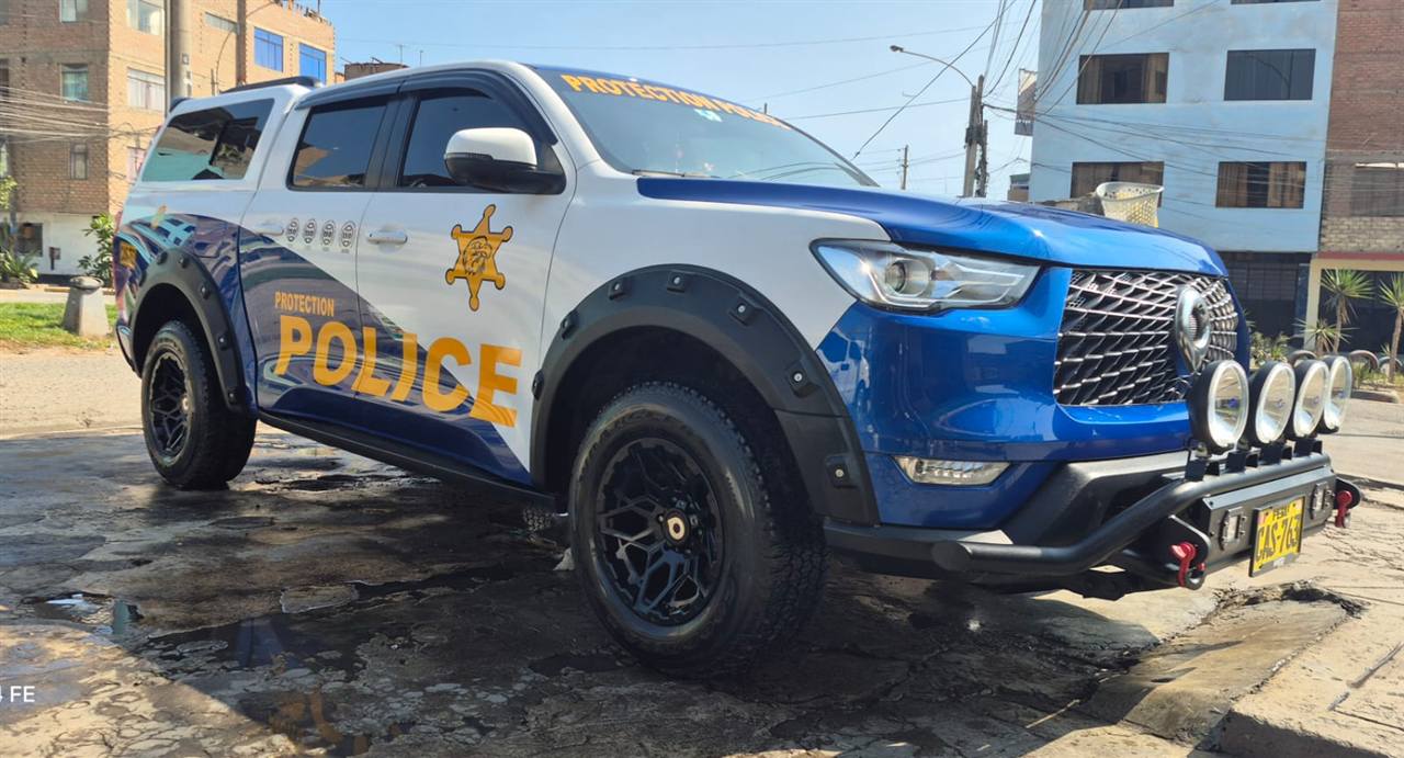 Camioneta patrullera de Protection Police, blanca y azul, con el logo de la estrella dorada en la puerta.